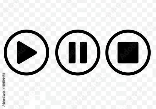 Collection of three circular media playback control icons featuring a play button a pause button and a stop button