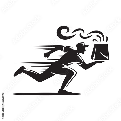 A delivery man running quickly with a steaming package