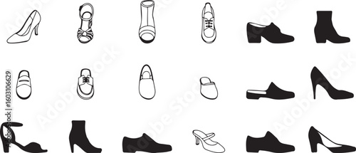 Assorted footwear styles black and white shoes heels