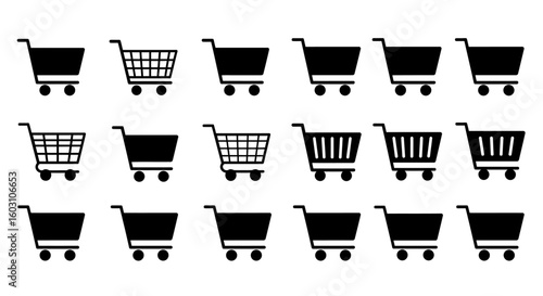 A collection of black shopping cart icons representing e-commerce and retail activities illustrating online shopping and product selection for customers in digital marketplaces