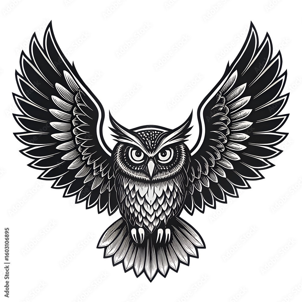 Obraz premium eagle owl vector illustration , Majestic Black and White Owl in Flight Illustration