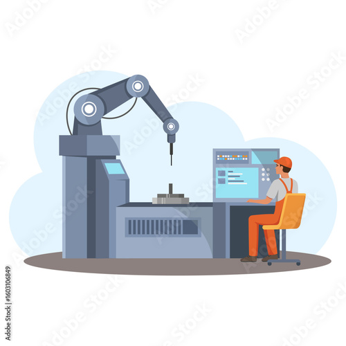 Man operating robotic arm via computer interface, flat graphic style, light background. Concept of automation and industrial robotics. Vector illustration