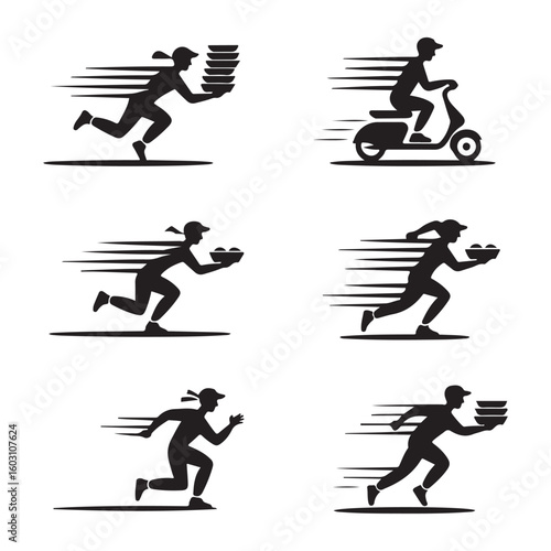 Collection of delivery people in various poses icon set