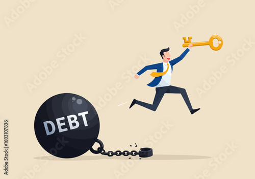 Man Breaking Free from Debt Ball and Chain Holding Golden Key to Financial Freedom and Success