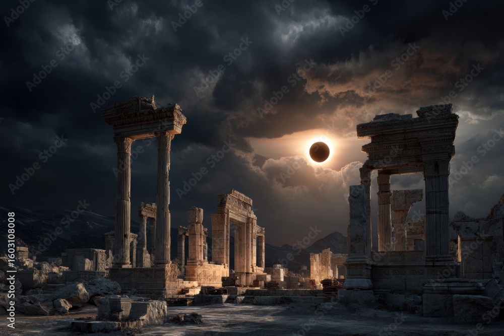 Fototapeta premium Solar eclipse over ancient temple ruins, dramatic shadows, moody twilight sky.