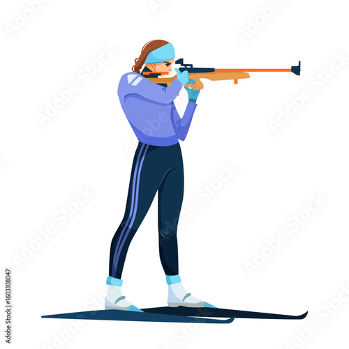 Woman in winter sportswear aiming rifle, flat graphic style, white background. Concept of biathlon, winter games, ski shooting. Vector illustration
