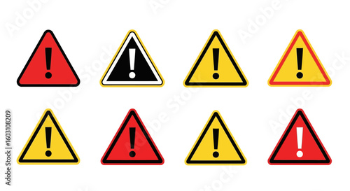 Free Download Collection of various triangular warning signs featuring exclamation marks in red yellow and black for safety alerts - GFXLoad