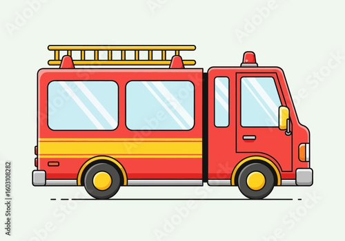 A charming cartoon illustration of a bright red fire truck with yellow stripes and a ladder on top