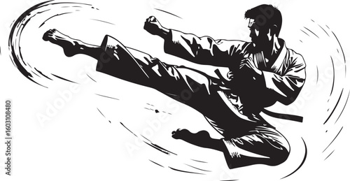 Martial artist performing a dynamic flying kick karate martial arts