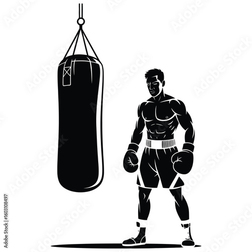 Boxer standing next to punching bag in training stance, silhouette vector isolated in black and white