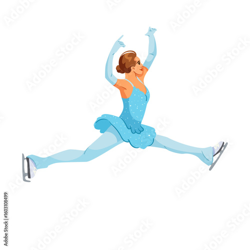 Woman figure skater in blue dress mid-jump, cartoon style on white background. Concept of winter sports and athletic grace. Vector illustration