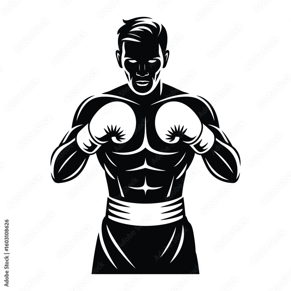 Fototapeta premium Retro style boxer silhouette standing with fists up in classic pose, vector isolated in black and white