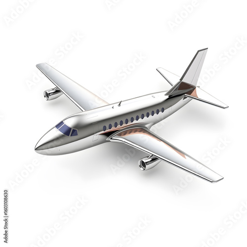 Airplane, isometric 3D illustration, metallic material, soft reflections, white background. Generative AI
