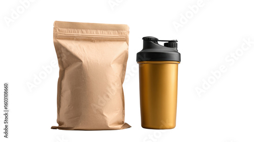 Protein powder bag and shaker cup, white isolated background