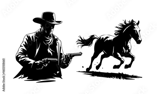 cowboy holding gun and running horse black silhouette vector print engraving