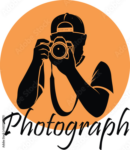 Silhouette of Photographer with Camera in Orange Circle – Minimalist Photography Vector Illustration