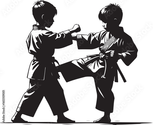 Two boys practicing martial arts in silhouette karate kids