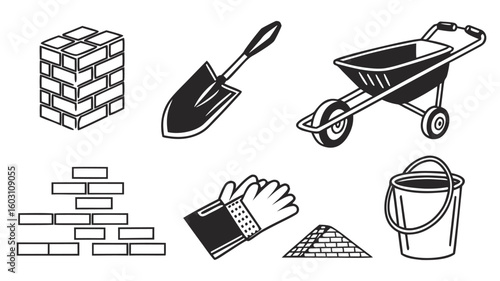 Bricklaying & Construction Line Icons – Shovel, Gloves, Wheelbarrow, Bucket, and Brickwork Tools