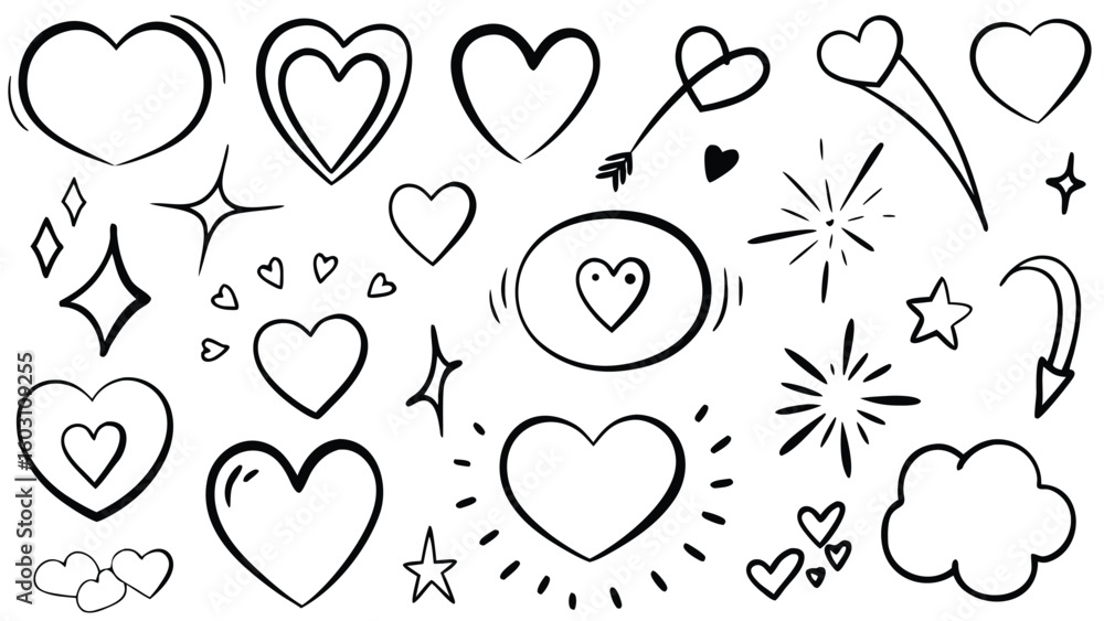 Fototapeta premium Hand-Drawn Hearts & Love Doodles – Cute Romantic Icon Set for Valentine Crafts