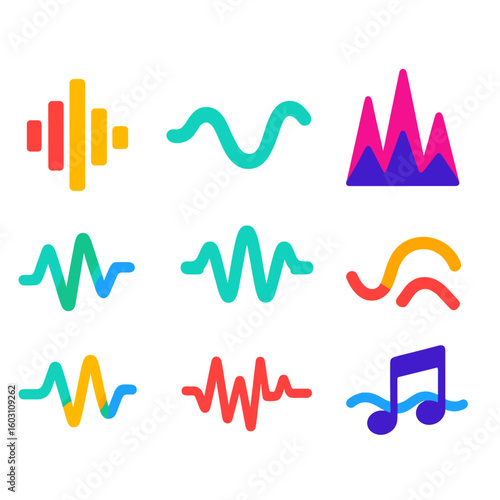 Music Sound Icons. Flat vector icons of music sound forms: music waveform, bass wave, treble peak. melodic curve, rhythm line,
