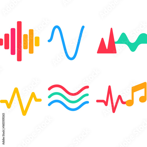 Music Sound Icons. Flat vector icons of music sound forms: music waveform, bass wave, treble peak. melodic curve, rhythm line,