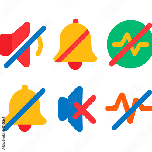 Sound Status Icons. Flat vector icons of sound on/off status: speaker with slash, muted bell, sound disabled icon. no audio signal