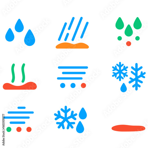 Weather Precipitation Icons. Flat vector icons of precipitation types: light rain drops, heavy rain splash, snow flurry, sleet