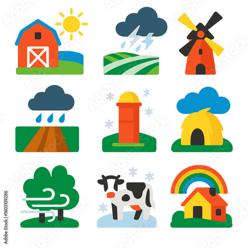 Rural Weather Icons. Flat vector icons of rural weather: barn under sun, field with fog, windmill in storm, dirt road in rain,