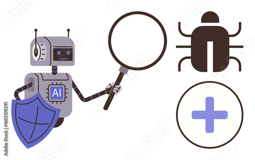 Robot labeled AI using magnifying glass to check a bug icon with a shield symbolizing protection. Ideal for cybersecurity, AI tools, bug detection, software development, data analysis, malware