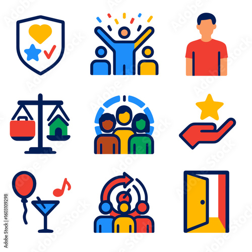 Corporate Culture Icons. Flat vector icons of corporate culture: company values, team celebration, casual Friday, work-life