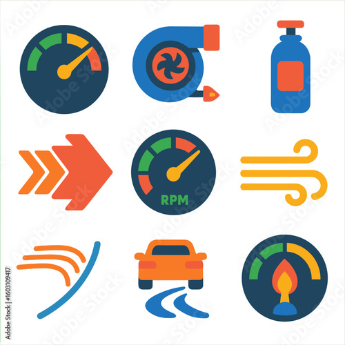 Speed Performance Icons. Flat vector icons of speed and performance: velocity gauge, turbo icon, nitro bottle, acceleration arrow,