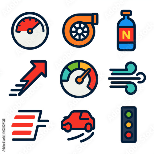 Speed Performance Icons. Flat vector icons of speed and performance: velocity gauge, turbo icon, nitro bottle, acceleration arrow,