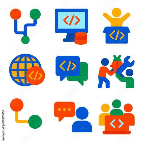 Open Source Icons. Flat vector icons of open-source collaboration: pull request icon, shared repository, open contribution icon,