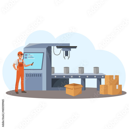 Factory operator controls robotic arm at automated conveyor with boxes, flat cartoon style, on white background. Concept of industrial automation. Vector illustration