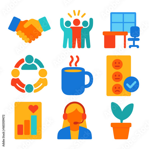 Workplace Culture Icons. Flat vector icons of workplace culture: handshake agreement, team celebration, open office icon,