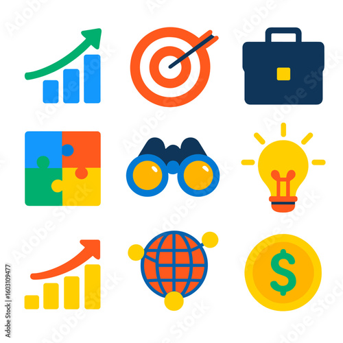 Business Concept Icons. Flat vector icons of business concepts: growth chart, target with arrow, business briefcase, strategy