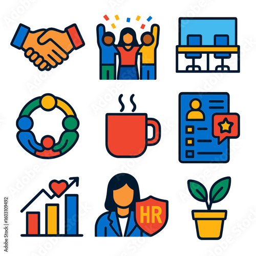 Workplace Culture Icons. Flat vector icons of workplace culture: handshake agreement, team celebration, open office icon,