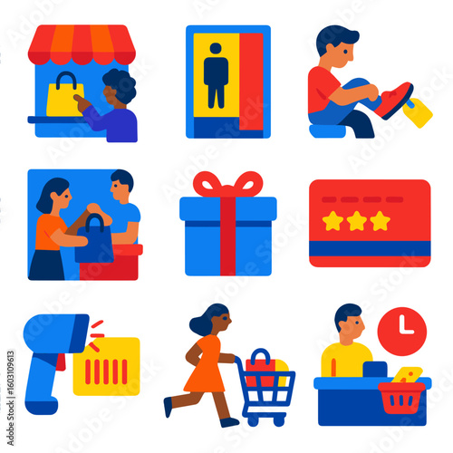 Shopping Icons Set. Flat vector icons of shopping experience: store browsing, fitting room icon, try before buy, in-store pickup,