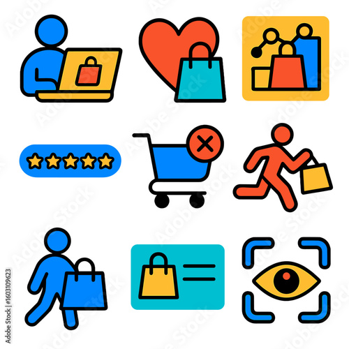 Customer Icon Set. Flat vector icons of customer shopping behavior: browsing icon, add to favorites, product comparison chart,