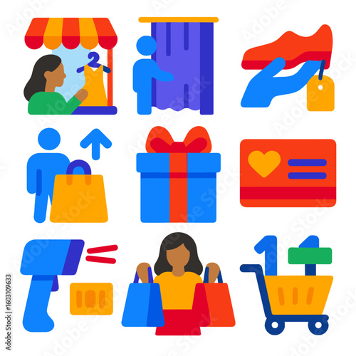 Shopping Icons Set. Flat vector icons of shopping experience: store browsing, fitting room icon, try before buy, in-store pickup,