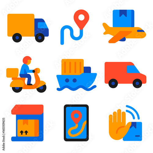 Vibrant Delivery Icons. Flat vector icons of transport and delivery: courier truck, route map pin, scooter courier, airplane