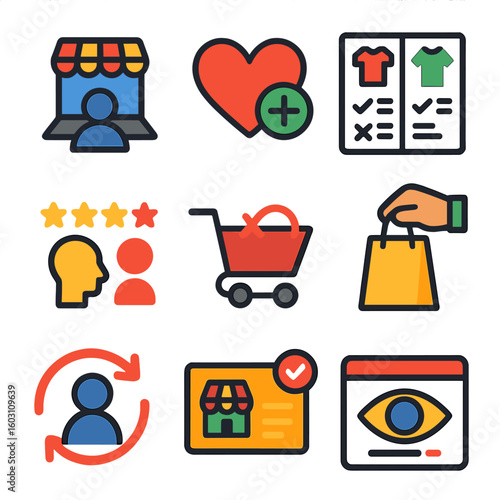Customer Icon Set. Flat vector icons of customer shopping behavior: browsing icon, add to favorites, product comparison chart,