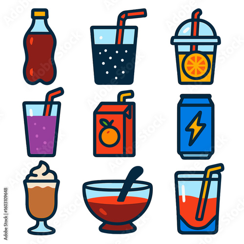 Vibrant Drink Icons. Flat vector icons of soft drinks and juices: soda bottle, fizzy glass with straw, orange juice cup, smoothie
