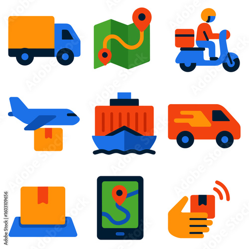 Vibrant Delivery Icons. Flat vector icons of transport and delivery: courier truck, route map pin, scooter courier, airplane