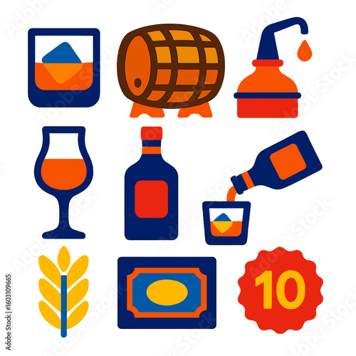 Modern Whiskey Icons. Flat vector icons of whiskey and spirits: whiskey glass with cube, aging barrel, distillery icon, tasting