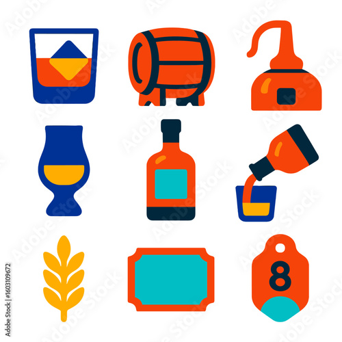 Modern Whiskey Icons. Flat vector icons of whiskey and spirits: whiskey glass with cube, aging barrel, distillery icon, tasting
