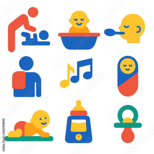 Bright Baby Care Icons. Flat vector icons of baby care activities: diaper change icon, baby bath, feeding spoon, burping cloth,