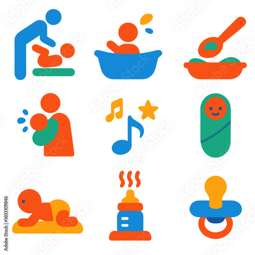 Bright Baby Care Icons. Flat vector icons of baby care activities: diaper change icon, baby bath, feeding spoon, burping cloth,