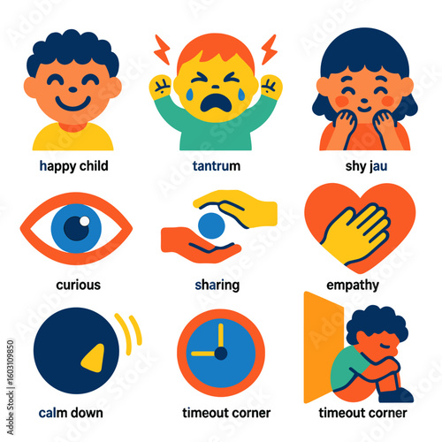 Child Emotion Icons. Flat vector icons of child emotions and behavior: happy child face, tantrum icon, crying baby, shy child,