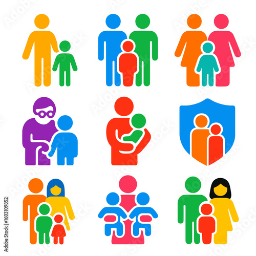 Family Roles Icons. Flat vector icons of parental roles and family types: single parent icon, two dads family, two moms family,